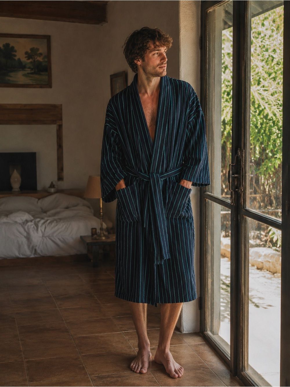 Vtg Bill Blass 100% Cotton Men’s Robe One Sz Blue Striped Made In Brazil *Notes
